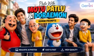 Photo With Motu Patlu & Doraemon Gemini Prompts